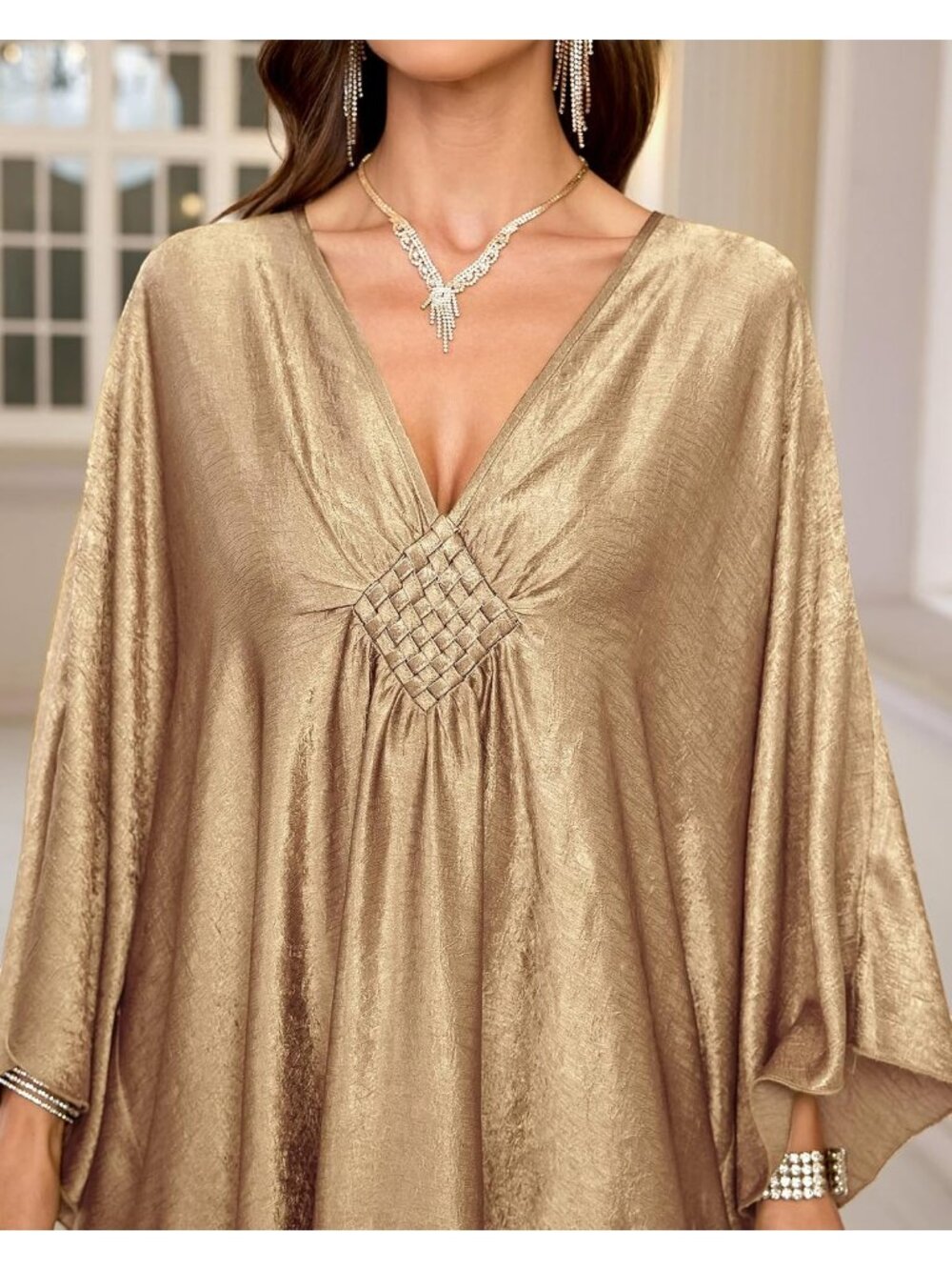 Women's Plus Size champagne Kaftan Maxi Dress V Neck Batwing Swimsuit Cover Up - Picture 5 of 6